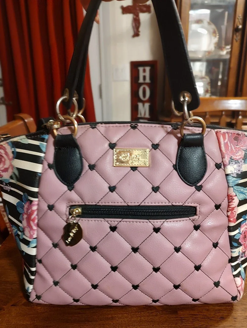 Betsey Johnson Pink Quilted Satchel with Floral & Stripes